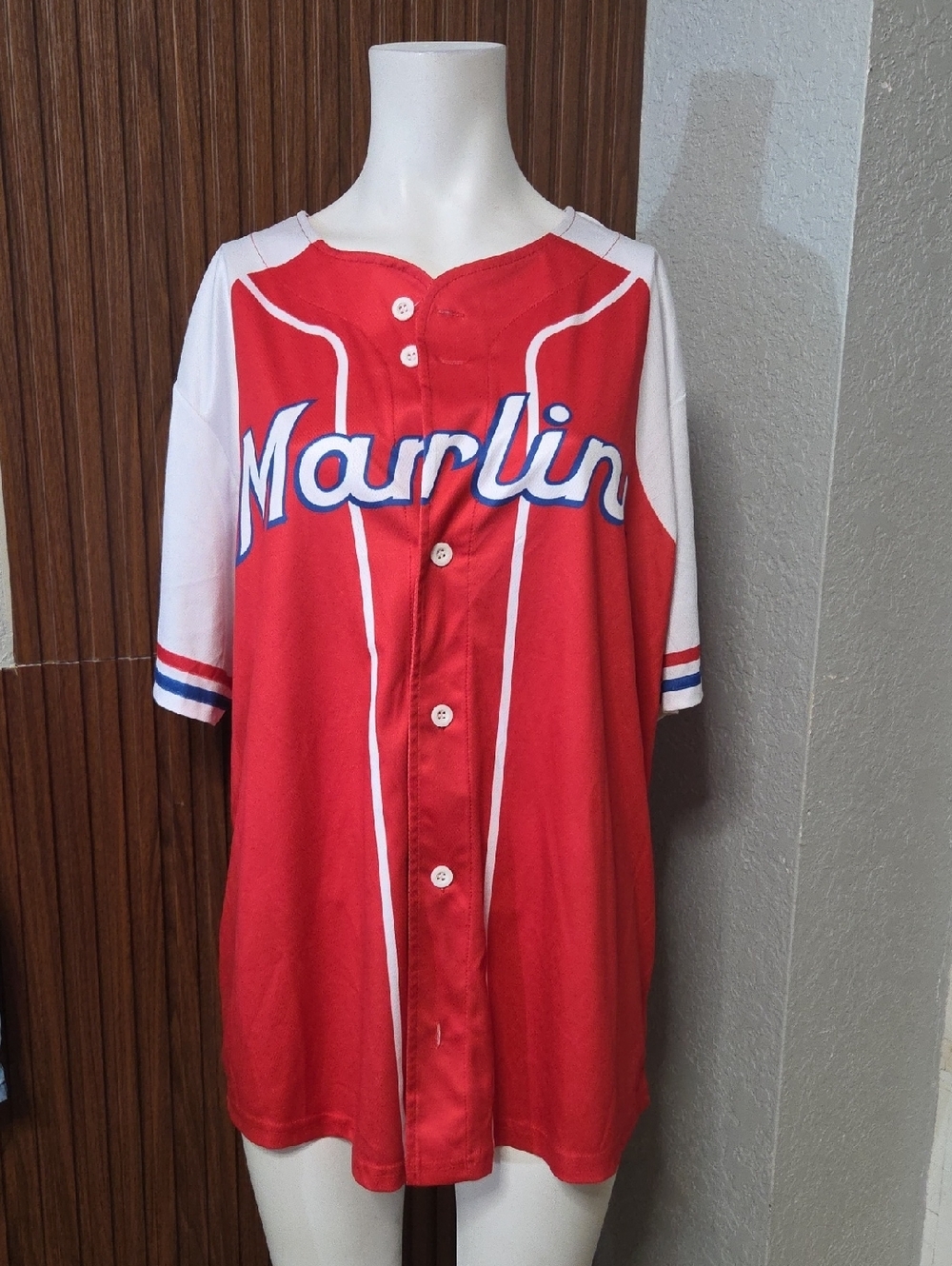 Marlin Red Short Sleeve Button-Up Baseball Tee - Marlins Cuban Flag